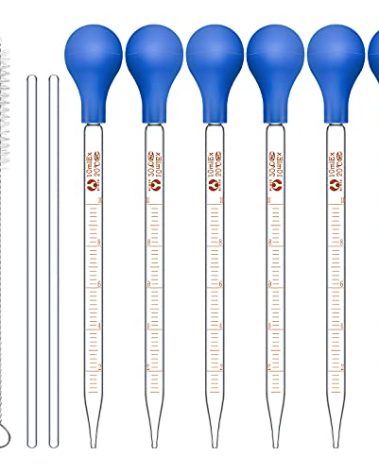 Weewooday Glass Droppers Pipettes Graduated Lab Dropper Glass Liquid Pipette with Big Rubber Hats 20 cm Stir Rod Washing Brush Transfer for Liquid Essential Oil(16 Pieces,Blue,10 ml)