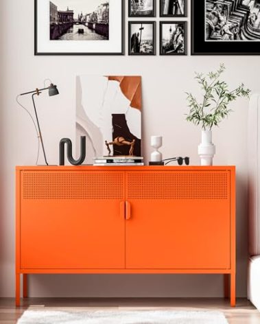 Washsemba 2 Door Accent Cabinet,Orange Metal Storage Cabinet with Adjustable Shelf,2-Tier Shelf,Multipurpose Metal Locker Storage for Office Home,Music Studio (Orange)