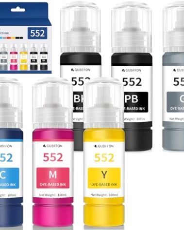 GUBFFON 552 Ink 600ml Refill Ink Bottle Replacement for EcoTank Photo ET-8550 ET-8500 Printer High Capacity 6-Pack (Not Sublimation Ink)