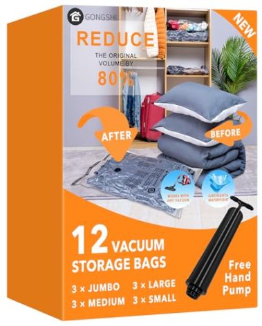 12 Pack Vacuum Storage Bags (3 Jumbo, 3 Large, 3 Medium, 3 Small),Plastic Packaging Bags,Space Saver Sealer Compression Bags with Travel Hand Pump for Blankets, Comforters, Pillows, Clothes Storage