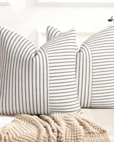 YCOLL Farmhouse Pillow Covers 26x26, Modern Accent Throw Pillow Covers Set of 2, Navy and Beige Striped Patchwork Linen Decorative Pillows Cushion Covers for Couch Chair Bedroom Fall Decorations