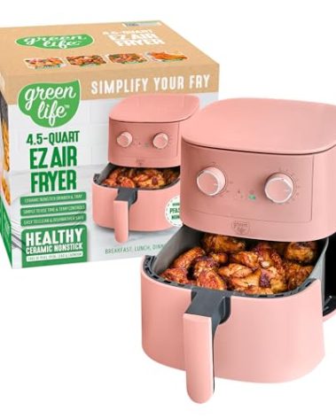 GreenLife 4.5QT Air Fryer, Mechanical Dial Controls, PFAS-Free Ceramic Nonstick Drawer, Adjustable Temp & Timer, LED Indicator, Oil-Less Cooking, Dishwasher Safe, Compact Family Size, Pink