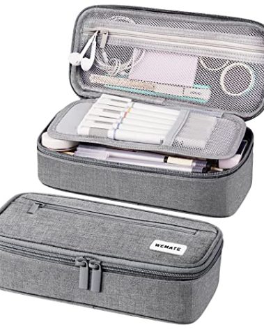 WEMATE Large Pencil Case Aesthetic,Big Capacity Canvas Pencil Pouch with Zipper, Pencil Case for Women & Men, Marker Pen Case,Portable Stationery Pencil Bag for Office Light Grey