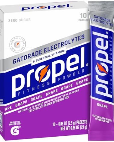 Propel Electrolyte Enhanced Water Drink Mix Powder Packets, Grape, Zero Calorie & Zero Sugar Hydration with Electrolytes and Vitamins C & E (10 Packets)