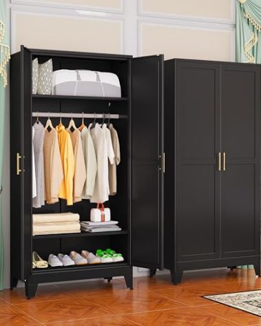 GAIOUS Metal Wardrobe Cabinet with Hanging Rod, 71" Metal Clothing Storage Cabinets with 2 Doors and Adjustable Shelves, Black Armoire Wardrobe Closet for Bedroom, Laundry Room, Cloak Room