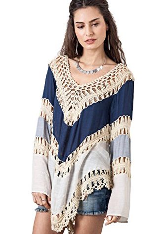 Vanbuy Boho Crochet V-Neck Summer Tops Vacation Outfits for Women Beach Fashion Bathing Suit Cover Up T Shirts