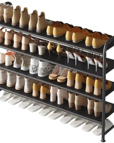 INGIORDAR Shoe Rack 4 Tier Long Storage Organizer Wide Metal Shoe Shelf for Closet Entryway Black