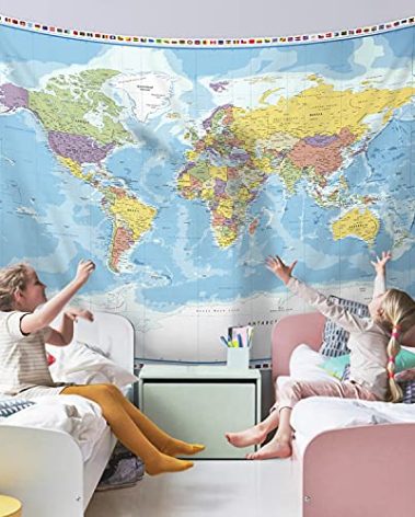 Large World Map Tapestry - Wall Hanging With Country Flags for Kids' Room, Classroom Decor - 60x80 In