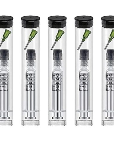 1ml Reusable Glass Syringe-Luer lock metal Plunger & 14 Gauge-1/2" tips needles metal liquid syringe with plastic tubes 5 Pack