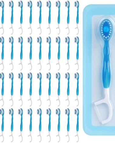 Kucbraly Disposable Mini Travel Toothbrushes, 5-in-1 Pre-Pasted Mini-Brush+Floss+Pick+Tongue Scraper,On The Go Toothbrush with Freshening Bead, Coolmint, 40 Count