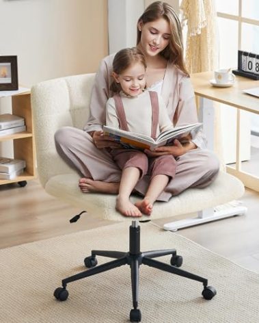 Furnimart Criss Cross Desk Char Wide Seat with Wheels, 360° Swivel Cross Legged Desk Chair Thick Cushion, Faxu Fur Comfy Armless Home Office Chair for Bedroom, Vanity, Sturdy (White)