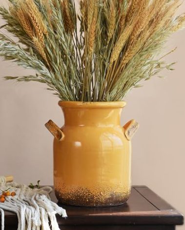 Quoowiit Ceramic Rustic Farmhouse Vase, Distressed Decorative Flower Vases for Home Decor, Ideal Shelf Decor, Yellow Boho Vase for Living Room Bedroom Kitchen Office Centerpiece Table Decorations