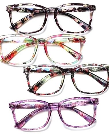 Henotin 4-Pack Blue Light Blocking Reading Glasses Women Men,Spring Hinge Computer Readers,Anti UV Ray Square Nerd Eyeglasses (Ladies Readers with Pattern Print, 2.0, Diopters)