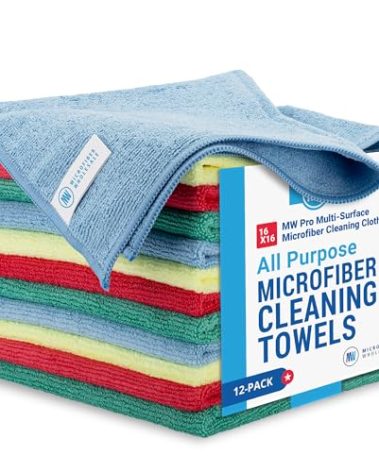 MW Pro Microfiber Cleaning Cloth | Blue Green Red Yellow | 12 Pack | 16” x 16” | All Purpose Microfiber Towels - Clean, Dust, Polish, Scrub, Absorbent