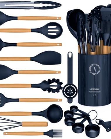 Silicone Cooking Utensils Set - Silicone Kitchen Utensils for Cooking Wooden Handles, 446°F Heat Resistant Kitchen Utensil Spatula Sets w Holder, Gadgets for Non-Stick Cookware BPA FREE (Navy Blue)