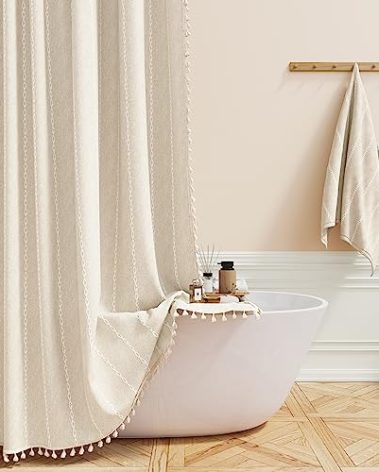BTTN Boho Farmhouse Shower Curtain, Linen Rustic Weighted Striped Cloth Shower Curtain Set with Tassel, Water Repellent, Bohemian Vintage Country Fabric Shower Curtain for Bathroom, Cream/Beige, 72x72