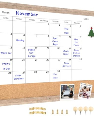 Umtiti Monthly Calendar Dry Erase White Board & Cork Bulletin Board，13" x 17" Light Brown Wood Frame，Magnetic Surface Whiteboard.Perfect for Organizing Your Space.Whiteboard+Cork-3343B-QZ