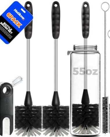 Holikme 6 Pack Bottle Brush Set, 14" Long Handle Stainless Steel Bottle Cleaner Brush, 3 Straw Brushes, 3-in-1 Bottle Cleaning Brush for Water Bottle, Antistatic Lab Brushes, Straws Black