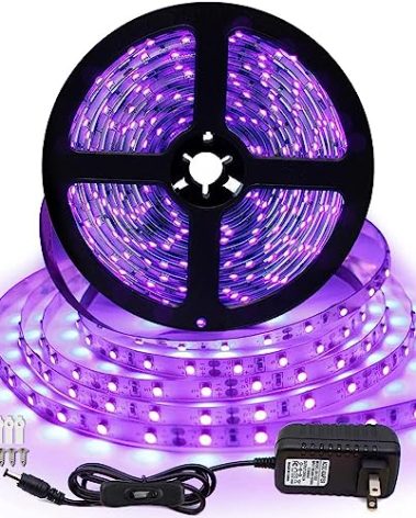 inShareplus UV Blacklight LED Strip kit, 16.4FT/5M, 3528 300LEDs, 395nm-405nm, 12V Black Light Strip Lights, Non-Waterproof for Night Fishing, Indoor Fluorescent Party, Stage Lighting, Body Paint