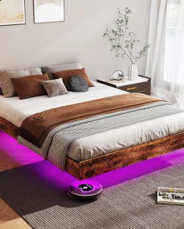 Floating Bed Frame Full with LED Lights, Metal Platform Full size Floating Bed Frame with Under Bed Storage, Heavy Duty Steel Slats Support, No Box Spring Needed, Noise Free, Easy Assembly, Brown