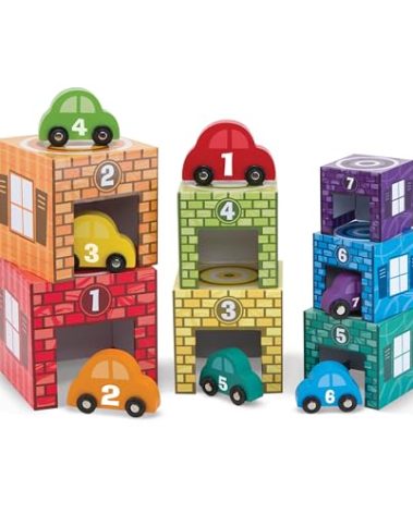 Melissa & Doug Nesting and Sorting Garages and Cars with 7 Graduated Garages and 7 Stackable Wooden Cars - FSC Certified