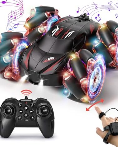 Jovow RC Stunt Car, 2.4GHz 4WD Gesture Sensing Remote Control Car with Cool Light and Music, Double-Sided 360° Flips RC Cars for Boys Age 6-12 8-12 Birthday Christmas Toy Cars(Red)