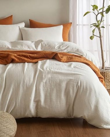 SE SOFTEXLY Muslin Duvet Cover Queen Size, 100% Washed Cotton Duvet Cover Set, Ultra Soft Comforter Cover Linen Like, 3 Pieces Minimalist Gauze Duvet Cover with 2 Pillowcases, 90"x90", White
