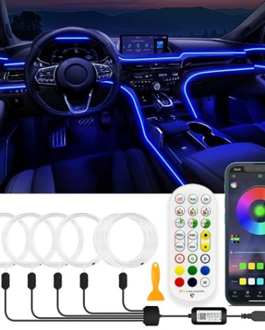 USB Car LED Lights, Interior Car Lights Strip with APP and RF Remote Control, 5 in 1 Ambient Lighting with 276 inches Fiber Optic Music Sync Simple Installation EL Wire Lights (5 in 1/276 inches)
