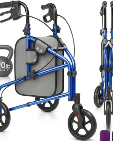 Vive Mobility 3 Wheel Walker - Three Wheeled Rollator for Seniors - Lightweight, Foldable, Narrow, Heavy Duty - for Elderly Men Women - Folding 3-Wheel Tri Scooter with Basket Bag