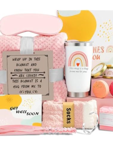 Get Well Soon Care Package, 12 Pcs Gift Basket for Sick Friends After Surgery, Feel Better Self Care Gift Box for Her with Pink Blanket