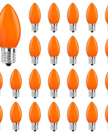 Abeja 25 Pack C9 Halloween Replacement Light Bulbs, Orange Ceramic Christmas Lights for Halloween Outdoor Patio Indoor Xmas String Lights, C9/E12 Candelabra Base, 7 Watt, Orange