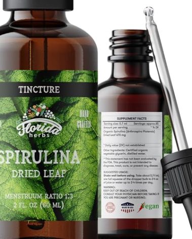 FLORIDA HERBS Spirulina Tincture, Organic Spirulina Extract (Arthrospira Platensis) Herbal Supplement, Non-GMO in Cold-Pressed Organic Vegetable Glycerin, 700 mg, 2 oz (60 ml)
