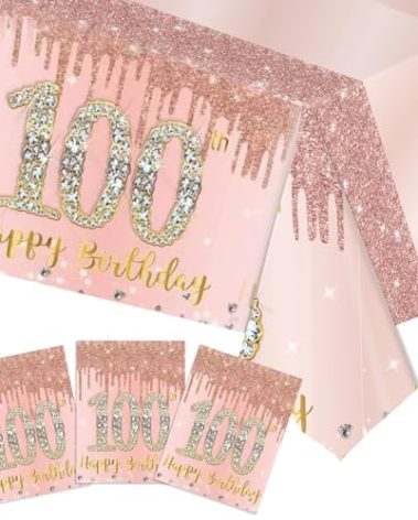 Xiliconie 3 Pack 100th Birthday Decorations Rose Gold 100 Years Old Birthday Tablecloth Plastic Disposable Table Cover for Anniversary Decor Supplies