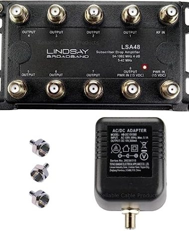 Reliable 8-Port TV Antenna Signal Splitter, Distribution Amplifier with Power Supply and F59 Terminators - Connect up to 8 Devices to 1 Antenna or Cable Line LSA48