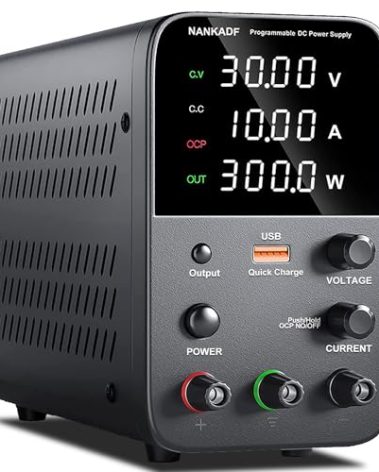DC Power Supply Variable, Bench Power Supply with Encoder Adjustment Knob, Output Enable/Disable Button, Adjustable Power Supplies with USB Quick-Charge, Short Circuit Alam (30V 10A Black)