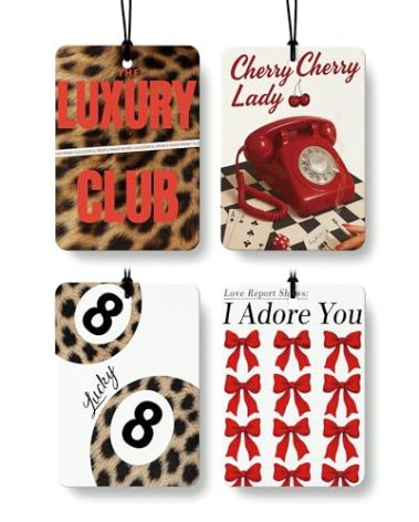 FISWAFY Trendy Coquette Red Bow Leopard Print Car Air Freshener 4 Pcs, Fashion Cheetah Lucky 8 Ball Hanging Air Freshener for Cars Closet Drawer Books, Girly Car Accessories Mirror Decor for Women