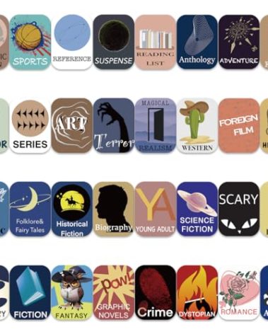 480PCS Library Genre Stickers,Book Spine Labels for Library,Classroom Library Classification Labels,Fiction Fantasy Romance Historical Adventure Sports(32 Designs)