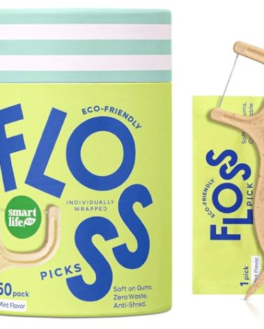 Individually Wrapped Dental Floss Picks (50ct) - Eco-Friendly Flosser Handle Made with Straw Wheat Blend | Great for Travel | PFA Free | Toothpick Stick Soft On Gums & Teeth | Vegan | Mint