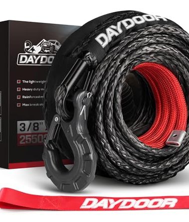 DAYDOOR Synthetic Winch Rope, 3/8 Inch x 92ft 25,500 LBS Synthetic Winch Line, Synthetic Winch Cable for Offroad Vehicle 4WD SUV Jeep, Synthetic Rope with Forged Winch Hook(Gray)