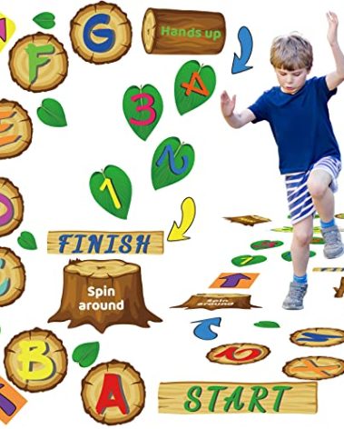 115 Pieces Alphabet and Number DIY Hopscotch Education Floor Decal Jungle Hopping Game Wooden Logs Decals Hopscotch Game for Baby Kids Room Nursery Classroom Play Room