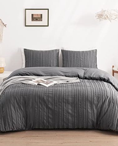 WARMDERN Gray Boho Duvet Cover Set Queen Size, Striped Textured Duvet Cover Tufted Bedding Set, 3 Pcs Ultra Soft Washed Microfiber Duvet Cover with Zipper Closure (Queen, Gray)
