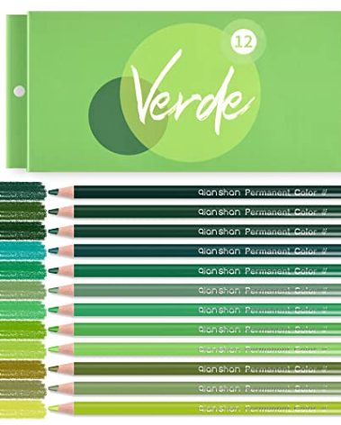 qianshan 12 Green Colored Pencils Oil Based Pre-sharpened Wooden Colored Pencil Set for Adults Coloring Books Drawing Sketching Art Supplies, No Duplicates