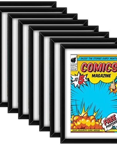 Geetery 8 Pack Comic Book Frame, UV Protection, Comic Picture Magazine Frames Fits Current up to 6 3/4 x 10 1/4, Wall or Tabletop Display with Spring Clips Installed Hangers(Black (White Mat))