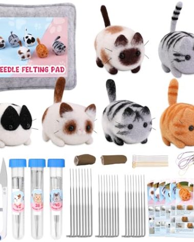 UOOU Needle Felting Beginners Kit with Box,Needles Felting Supplies with 24Pcs Felting Needles,Felting Pad,Wool Roving,DIY Needle Felting Cat Dolls