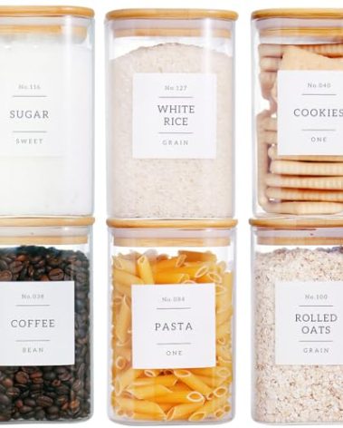 CZZGSM 6 Pack Square Glass Kitchen Storage Jars with Airtight Bamboo Lids and 132 Pantry Labels - 35oz Glass Canisters With Wood Lids - Glass Food Storage Containers for Coffee, Cookie, Tea, Spice