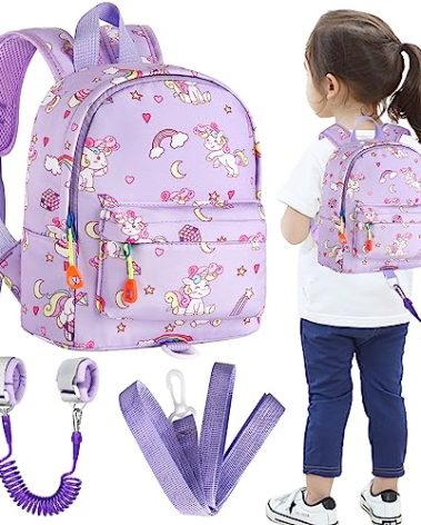 Accmor Toddler Backpack Leash with Anti Lost Wrist Link, Cute Mini Child Walking Harnesses Keep Kids Close Back Pack Rope Tether Rein for Baby Boys (Purple/Unicorn)
