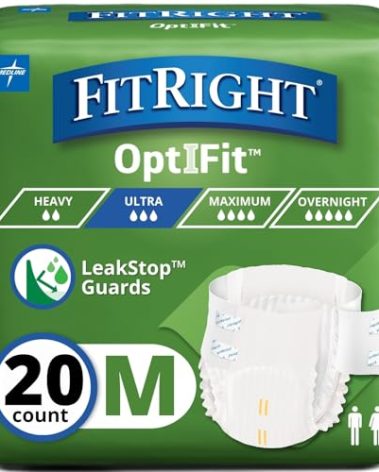 FitRight Adult Diapers, Ultra Heavy Absorbency, M (Waist Size 32in-44in), 20 Count, OptiFit Incontinence Briefs for Men and Women, Disposable, Moisture-Wicking, Leak Protection,