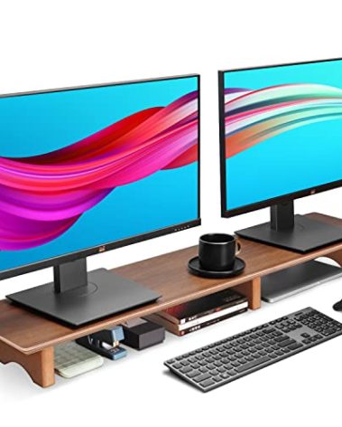 Aothia Large Dual Monitor Stand Riser, Solid Wood Desk Shelf with Eco Cork Legs for Laptop Computer/TV/PC/Printers, Perfect Desktop Stands Organizer with Underneath Storage for Office Accessories