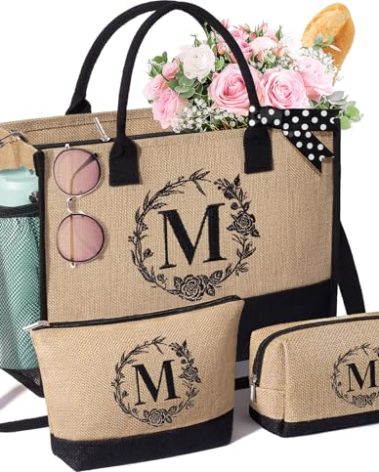 Personalized Gifts for Women Tote Bag, Initial Jute Tote Bag & Makeup Bags Monogrammed Beach Bag w/ Zipper, Birthday Gifts Mothers Day Gift for Mom Women Her Friend Sister Wife Grandma Teacher Nurse