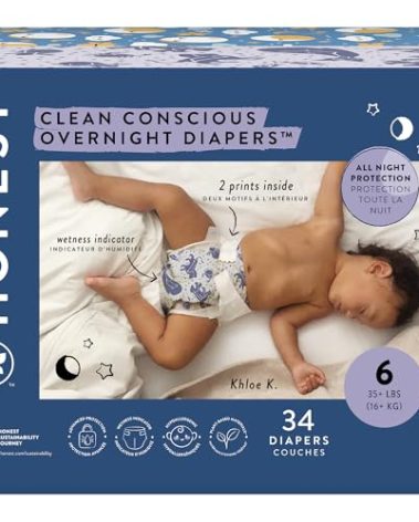 The Honest Company Clean Conscious Overnight Diapers for Sensitive Skin | Hypoallergenic, Fragrance Free | Cozy Cloud + Star Signs | Club Box, Size 6 (35+ lbs), 34 Count